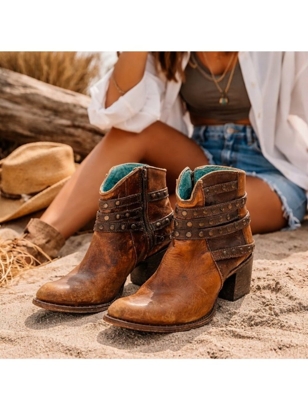 Corral Women Distressed Leather Studded Harness Western Ankle Boots 8.5 Cowgirl